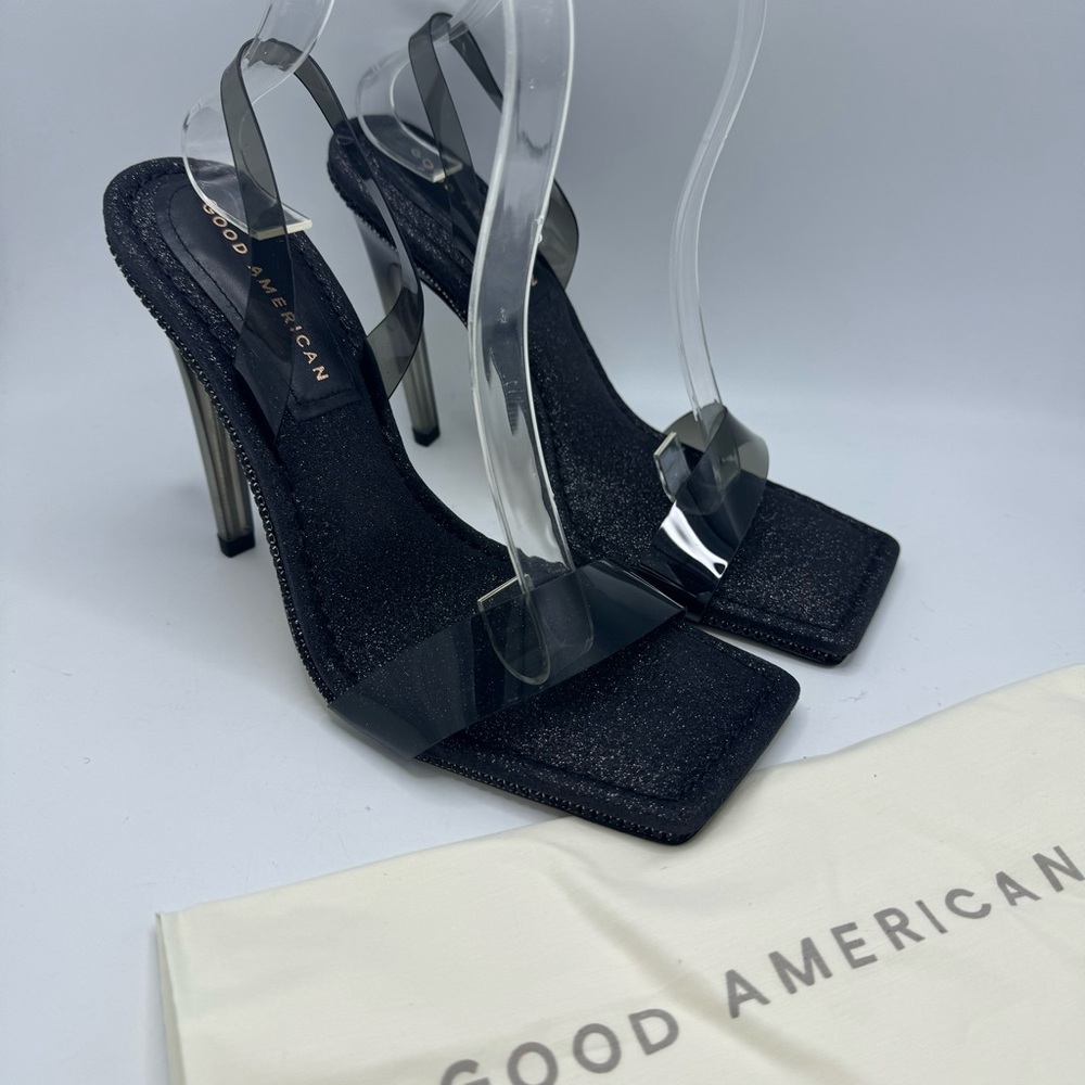 GOOD AMERICAN Black Crystal Crush Lucite Sandal Size 8.5 Black Glitter New - Picture 3 of 11